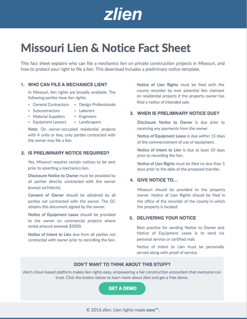 Missouri Lien Notice Forms Download Free With Fact Sheet